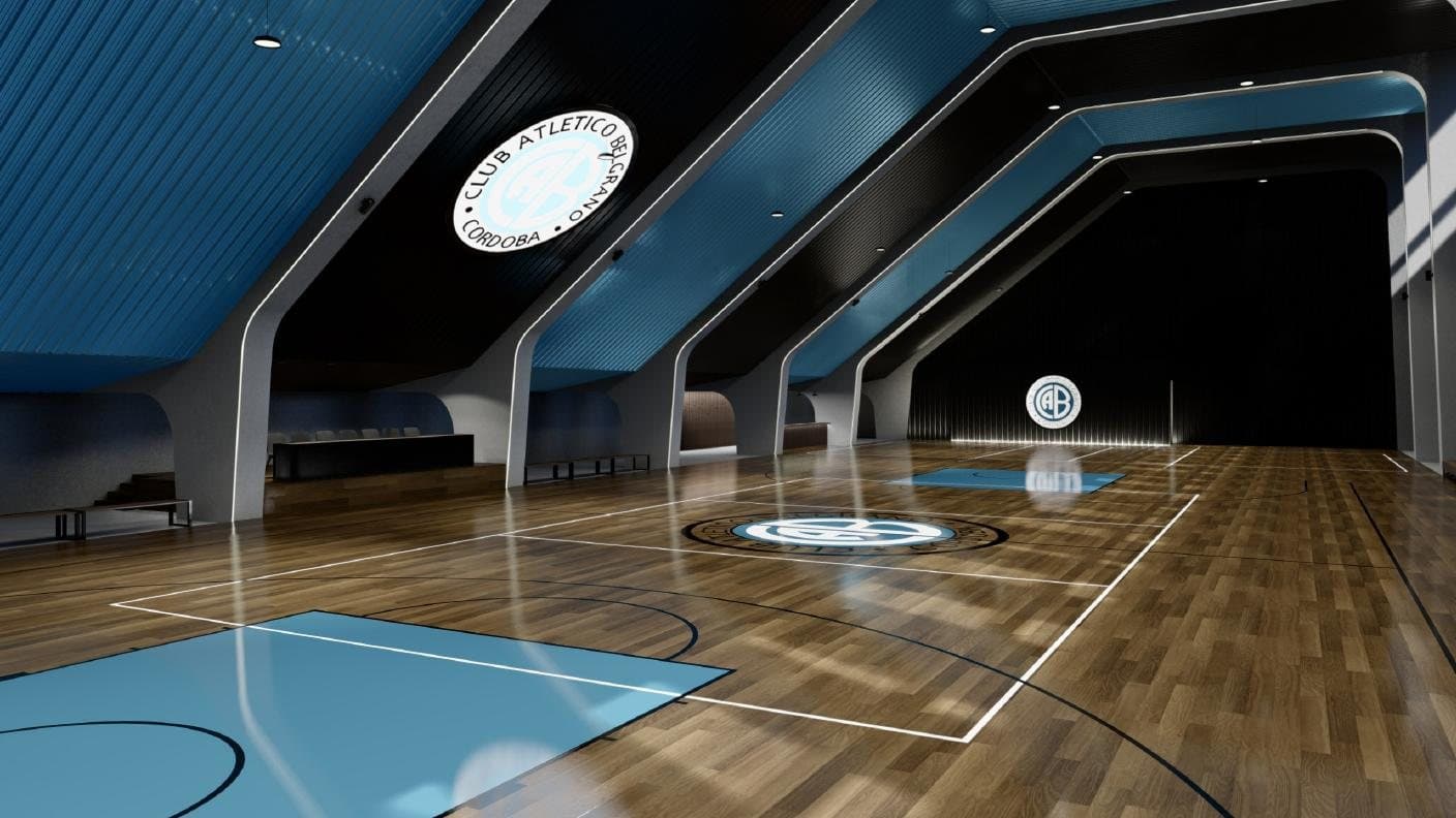 Microestadio Belgrano, cancha con pórticos y escudo del club