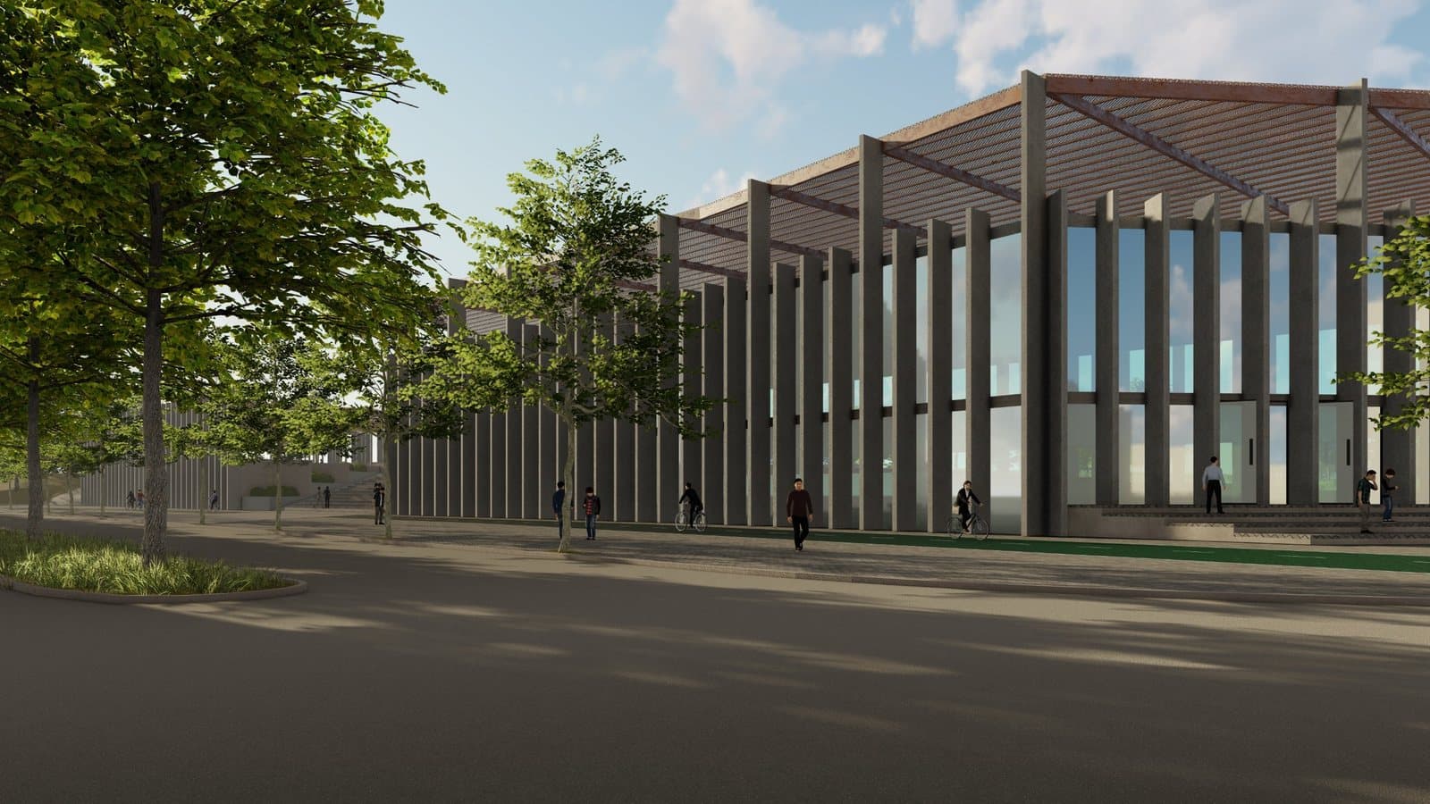 Escuela de Oficios, fachada de parasoles verticales sobre la avenida