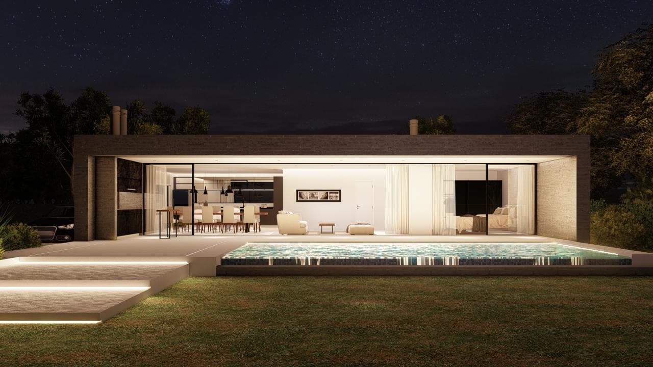 Casa en Los Molinos, frente de noche con galería y pileta