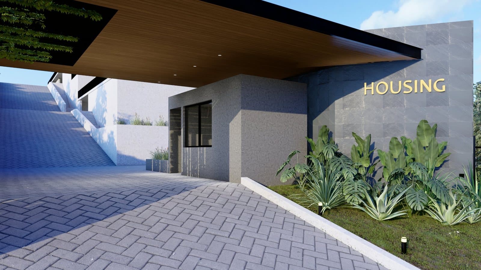 Housing Villa Allende, acceso vehicular y garita